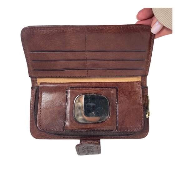 Vtg. Genuine Leather Tooled Flower Brown Multi Card Change Mirror Bi-Fold Wallet - Picture 5 of 9